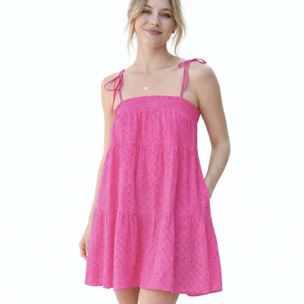 Crown & Ivy  Bright Pink Eyelet Dress Cotton Tie Strap A-Line  NWT M
